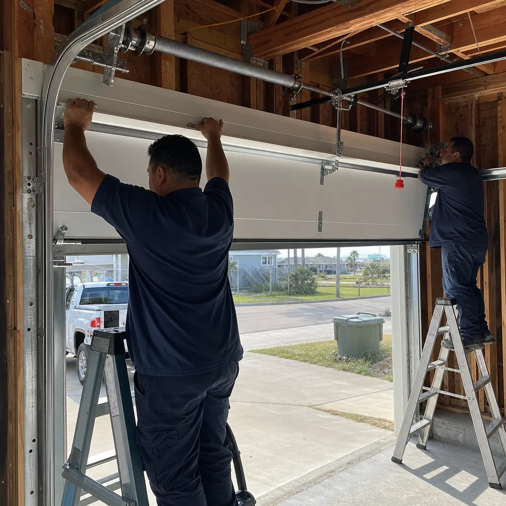 Two professional technicians installing a new residential garage door system