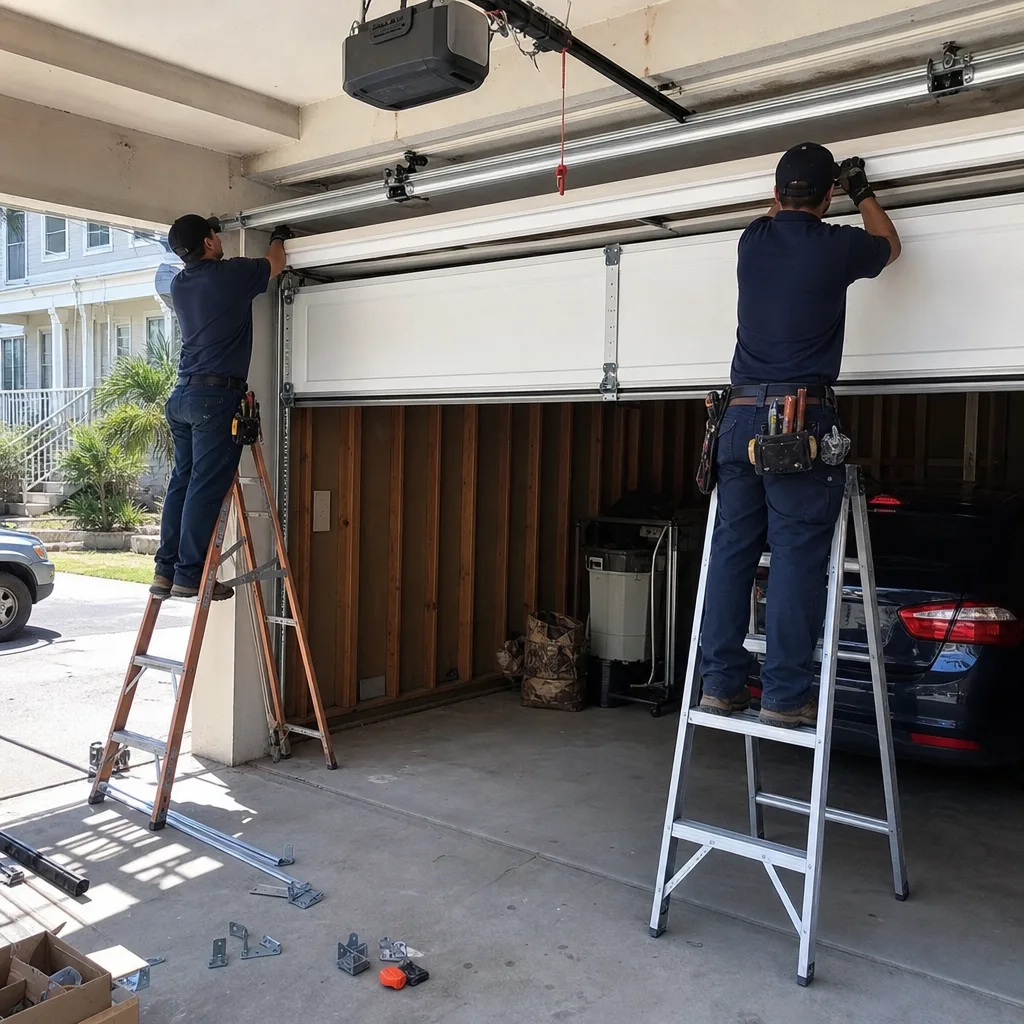 Two professional technicians performing a residential garage door installation on ladders.