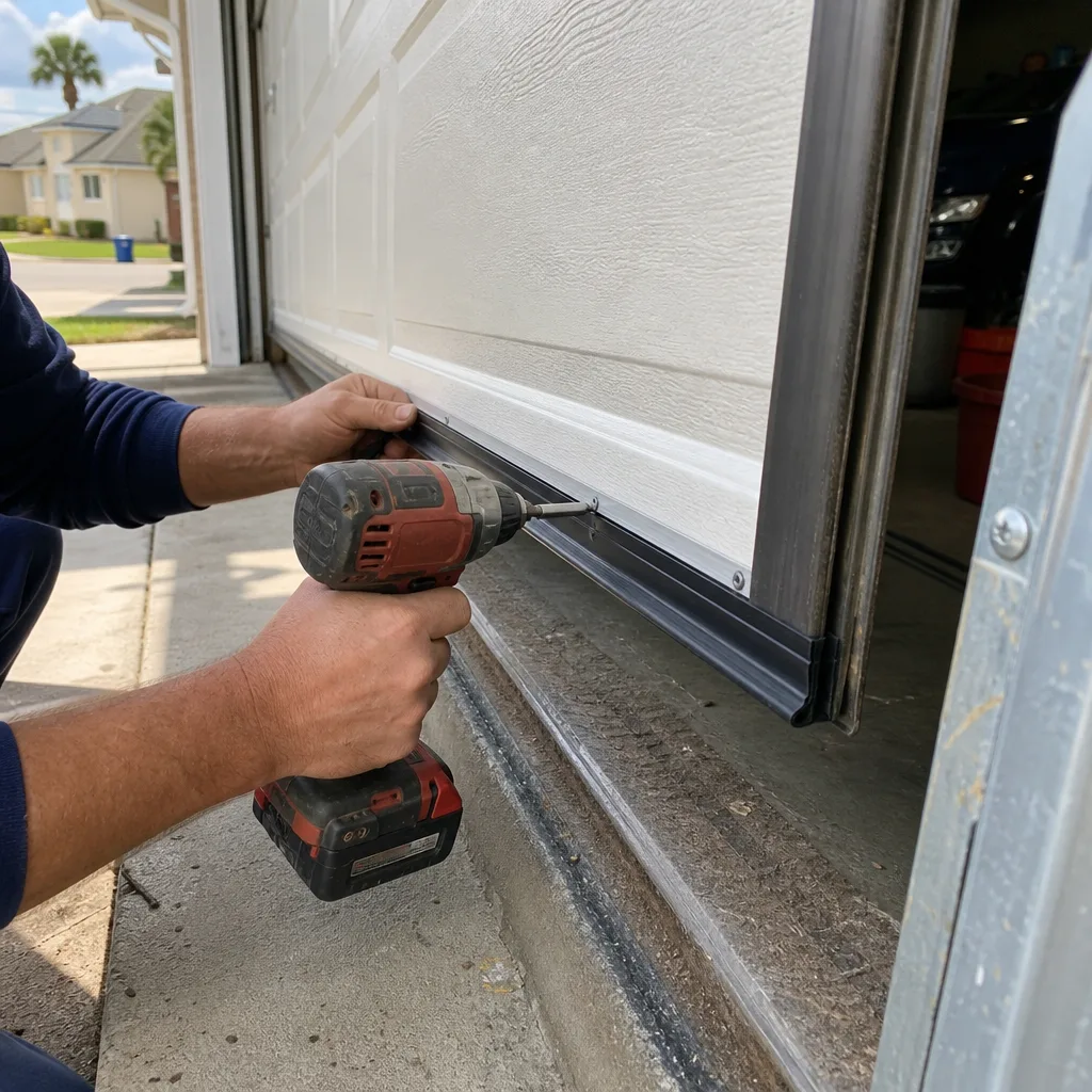 Technician using a power drill to install garage door bottom weather seal